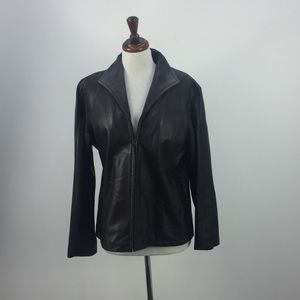 NINE WEST Brown Smooth Leather Zip Front Jacket